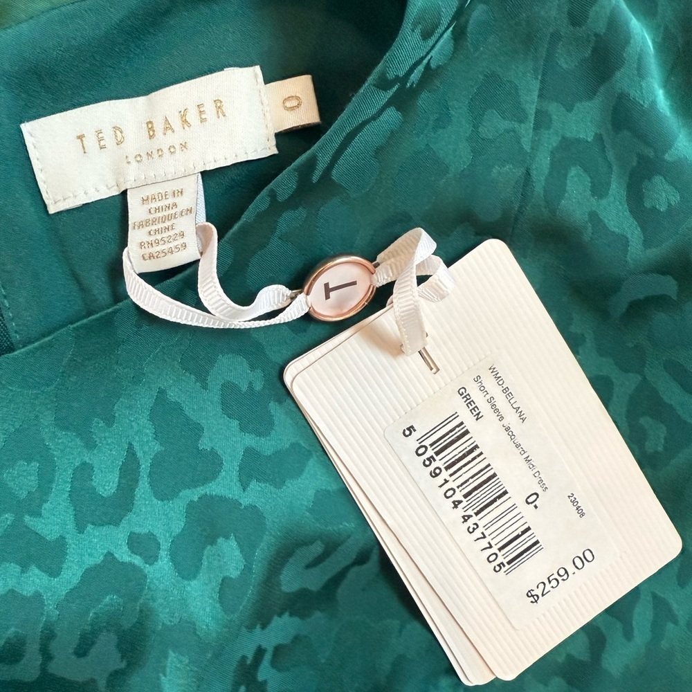 Ted Baker London SIZE 0 Green Leopard Print Cap Sleeve Crew Neck Midi Dress - Picture 9 of 10